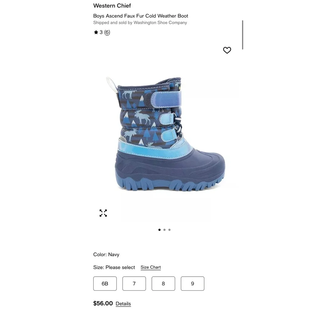 Western Chief Boys Ascend Faux Fur Winter Boots Navy Moose Print Size 8 NEW